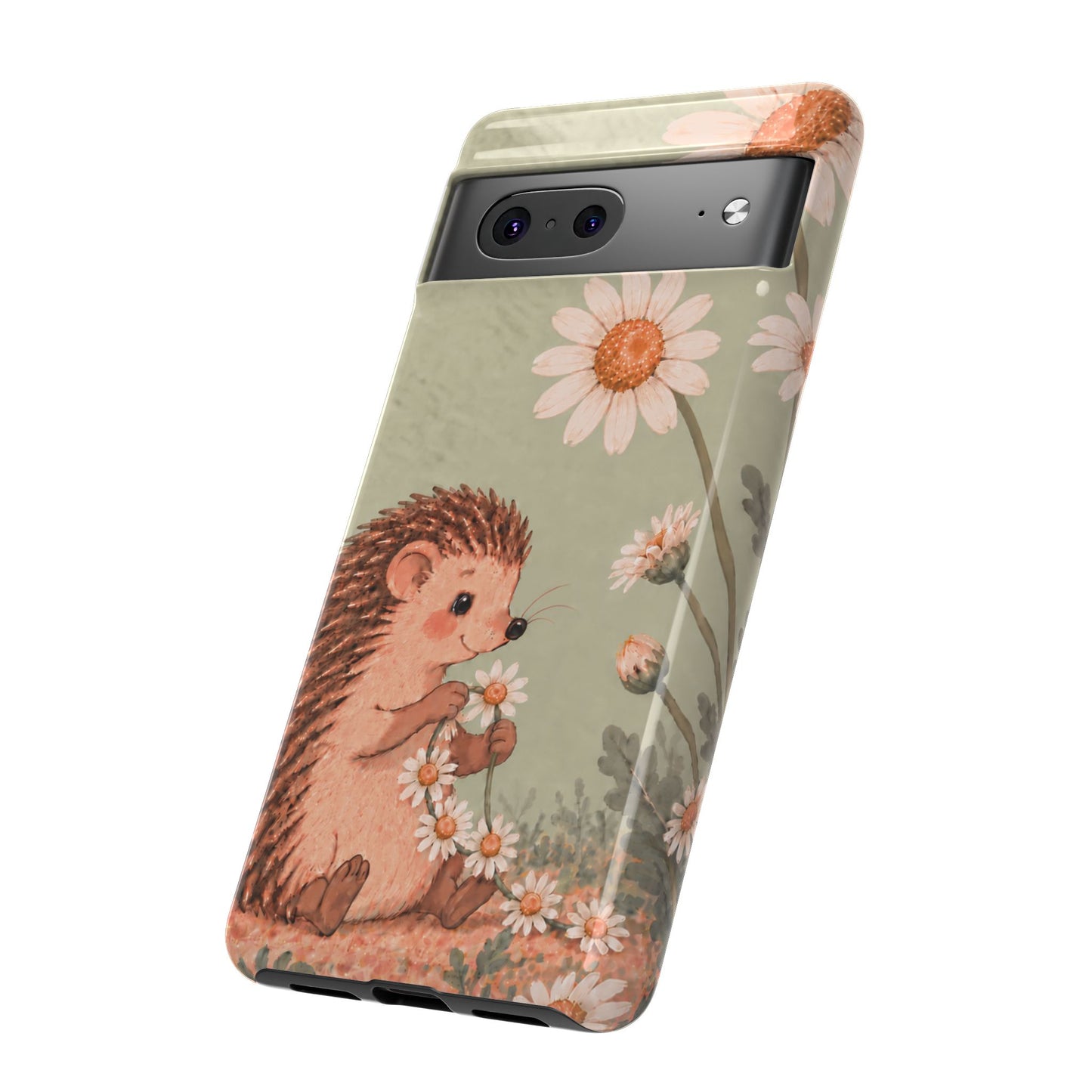 Whimsical Sage Green Hedgehog and Daisy Chain Phone Case - Green Phone Case