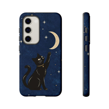 Whimsical Navy Blue Celestial Black Cat Phone Case