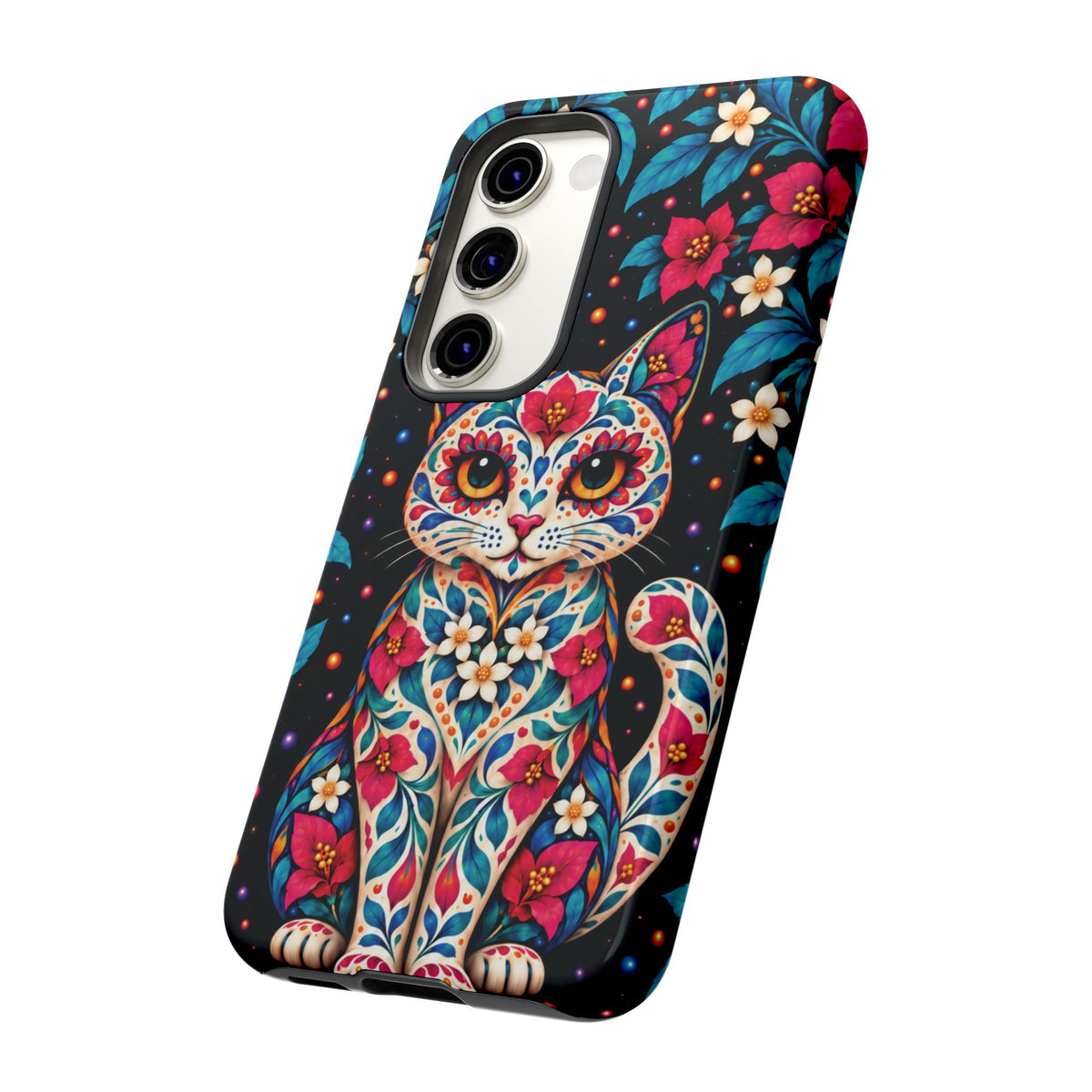 Vibrant Pink and Turquoise Calavera Cat Phone Case - Multicolor Phone Case