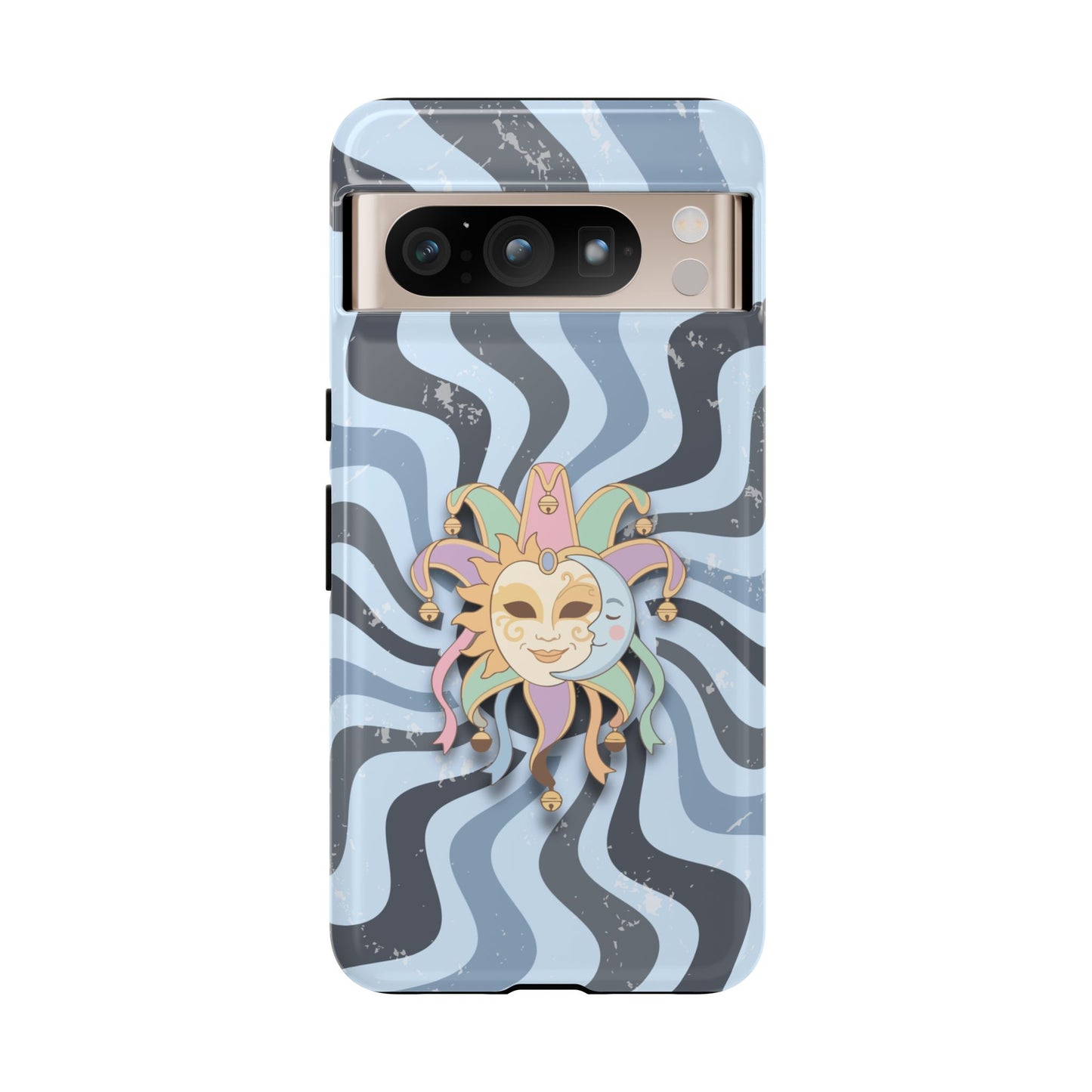 Google Pixel 8 Pro / Glossy Phone Case - Sun & Moon Jester Mask – Blue Retro Wave Phone Case