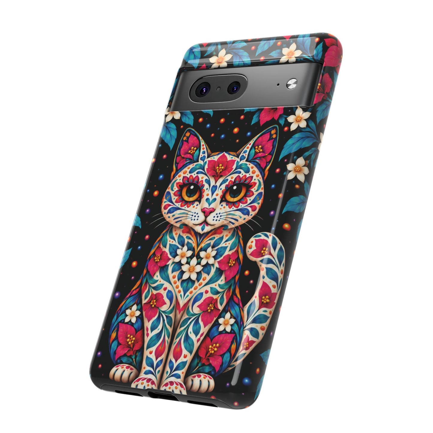 Vibrant Pink and Turquoise Calavera Cat Phone Case - Multicolor Phone Case
