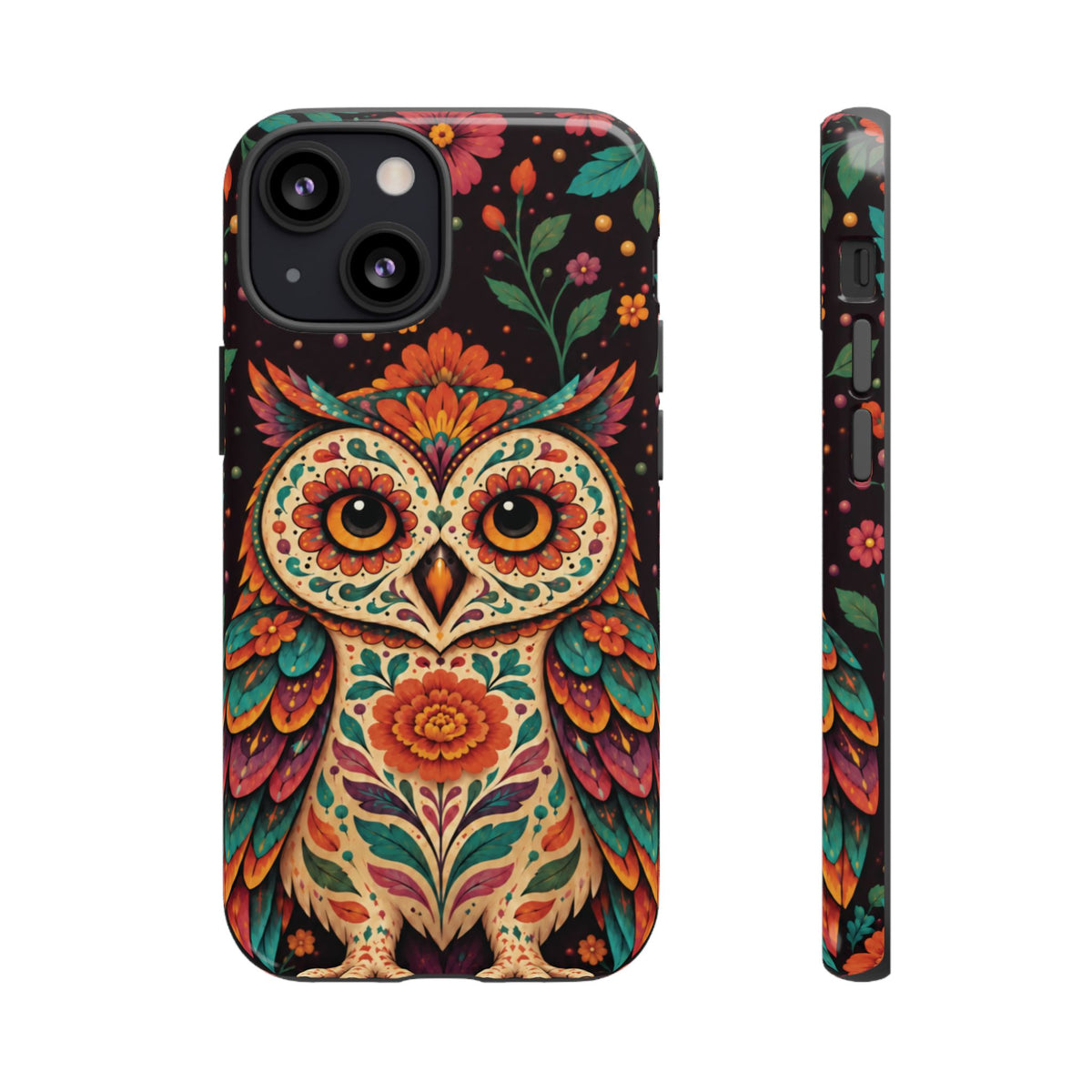 Vibrant Terracotta and Teal Calavera Owl Phone Case - Multicolor Phone Case - iPhone 13 Mini / Glossy