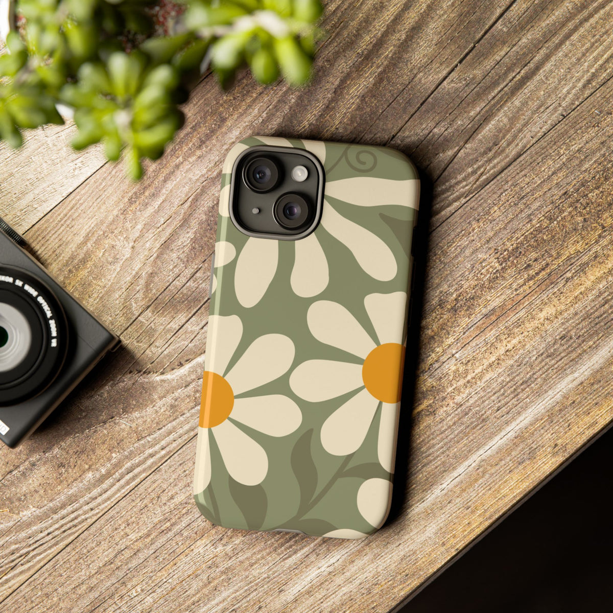 Retro Green Daisy Pattern #2 Phone Case - Green Phone Case
