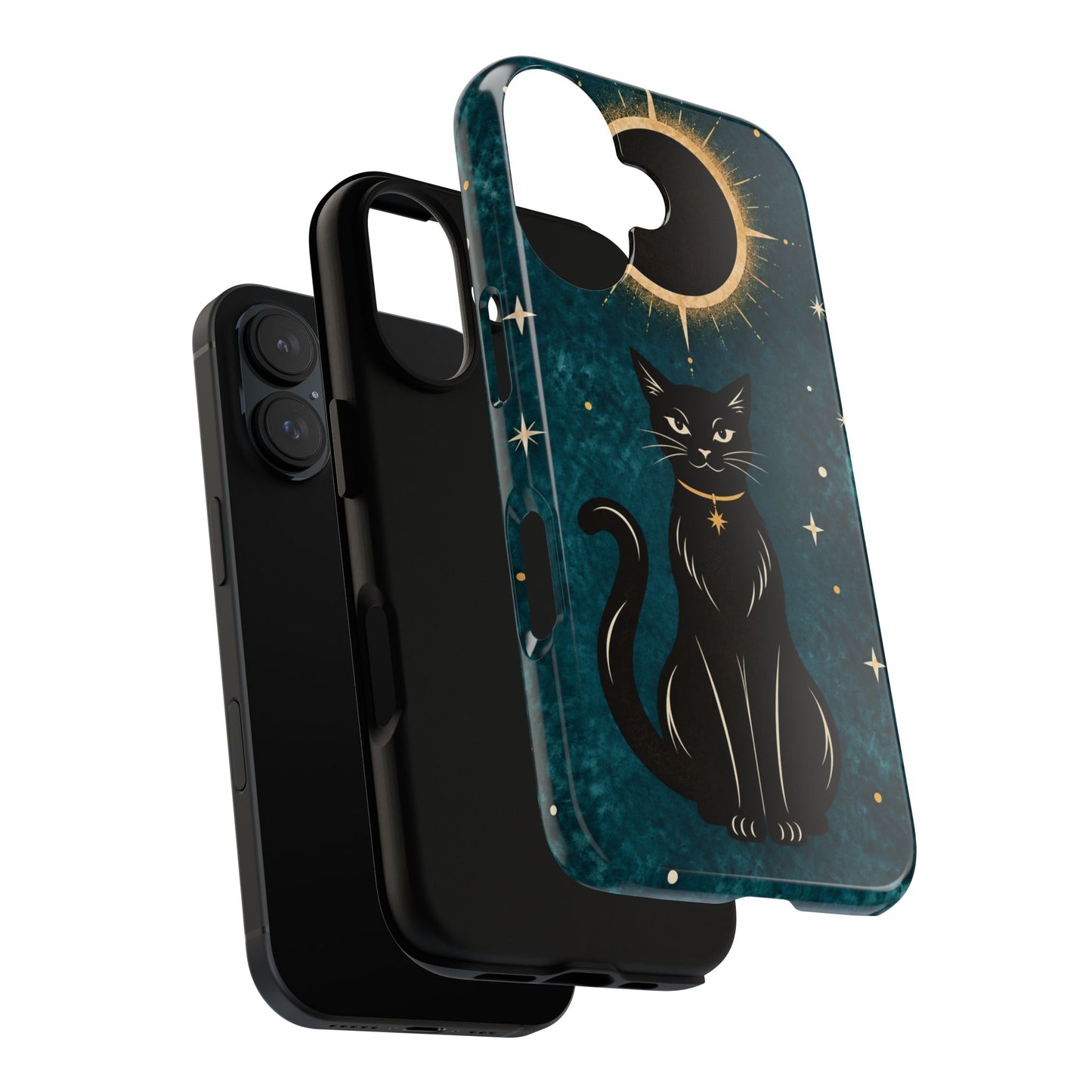 Whimsical Teal Celestial Black Cat Phone Case