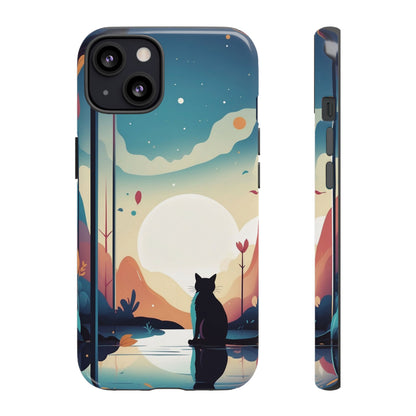 iPhone 13 / Glossy Phone Case - Stylised Cat & Moon Design Phone Case