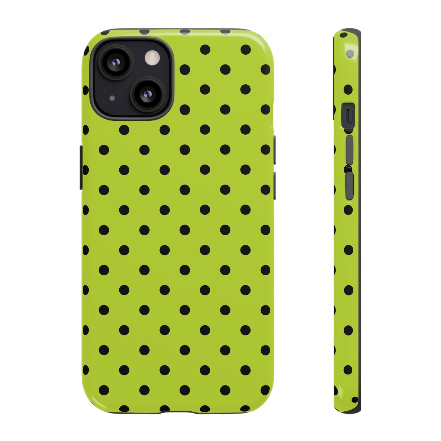 iPhone 13 / Glossy Phone Case - Trendy Neon Lime Green & Black Dot Pattern Phone Case