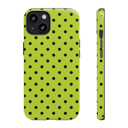 iPhone 13 / Glossy Phone Case - Trendy Neon Lime Green & Black Dot Pattern Phone Case