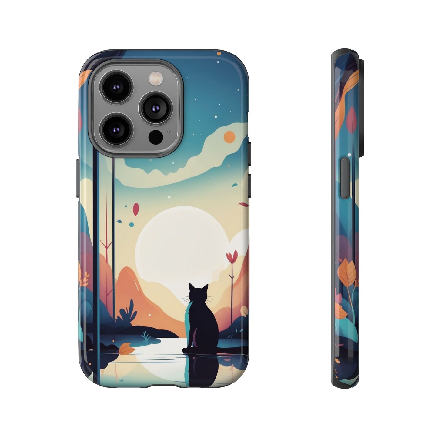 iPhone 14 Pro / Glossy Phone Case - Stylised Cat & Moon Design Phone Case