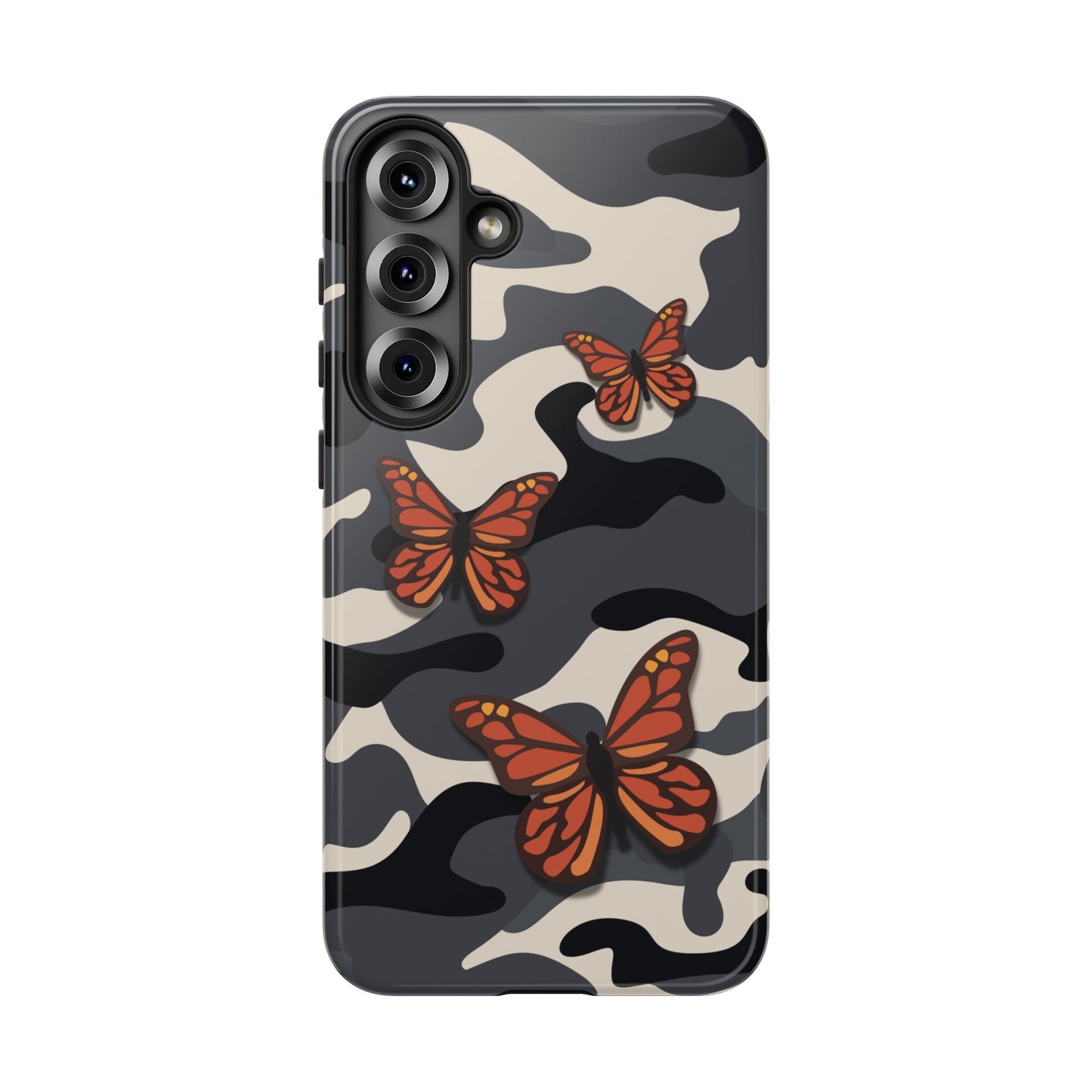 Samsung Galaxy S25 Plus / Glossy Phone Case - Black & Orange Butterfly Camo Phone Case