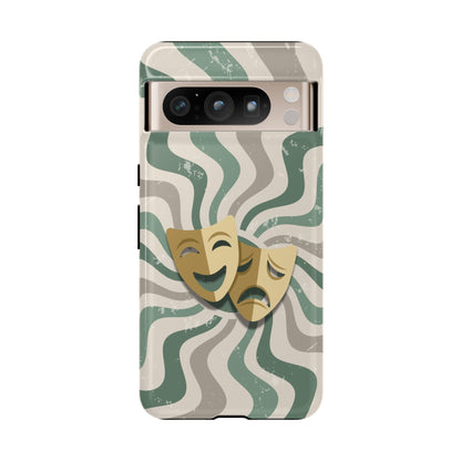 Google Pixel 8 Pro / Glossy Phone Case - Comedy & Tragedy Masks – Green Minimal Retro Wave Phone Case