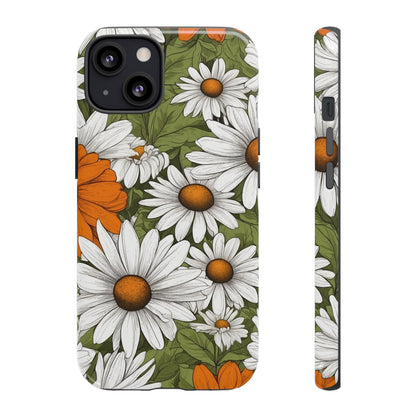 iPhone 13 / Glossy Phone Case - Boho Chic Daisies Floral Pattern ’White Orange & Green’ Phone Case