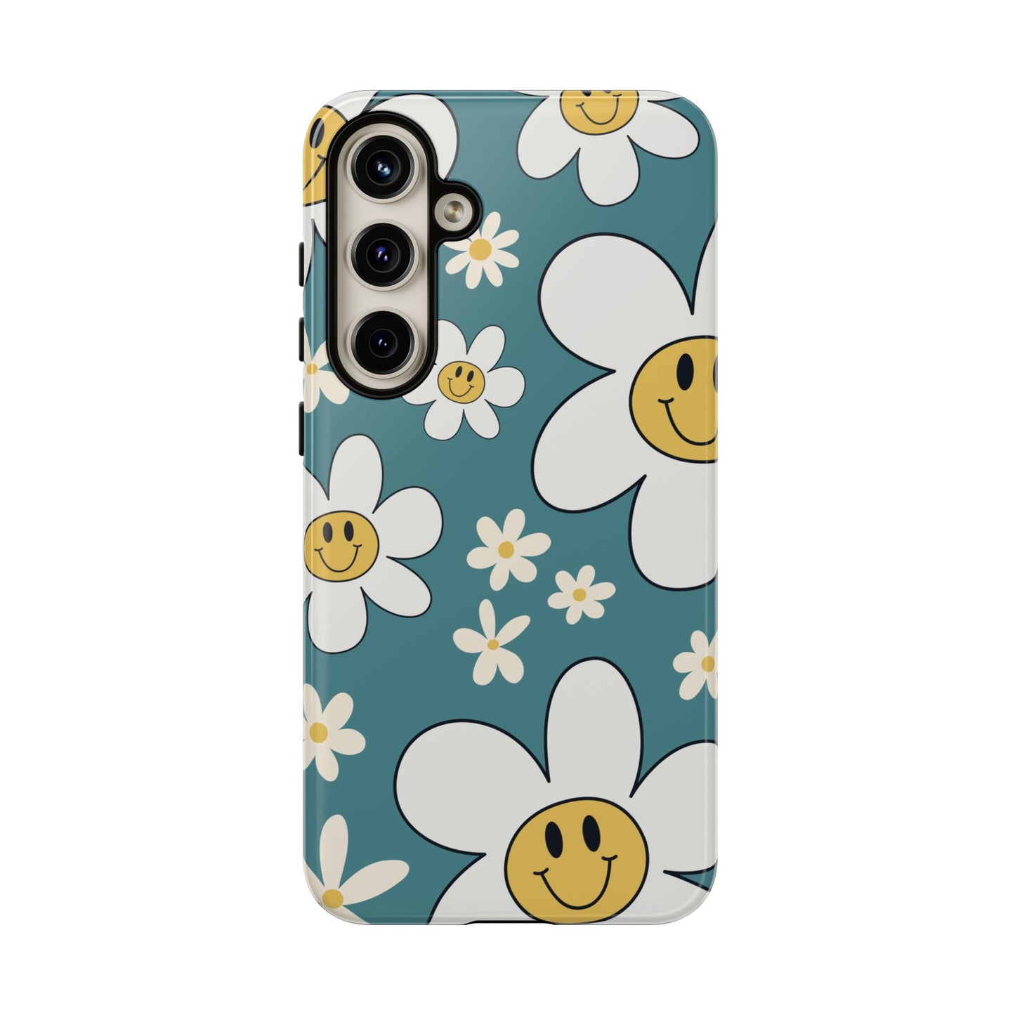 Fun Retro Daisy Pattern with Light Blue Background Phone Case - Blue Phone Case - Samsung Galaxy S24 Plus / Glossy