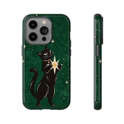 Forest Green Celestial Black Cat Phone Case - Green Phone Case - iPhone 14 Pro / Glossy