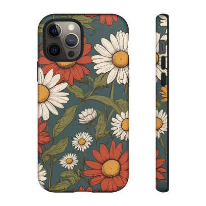 iPhone 12 Pro / Glossy Phone Case - Boho Chic Daisies Floral Pattern ’White & Red’ Phone Case