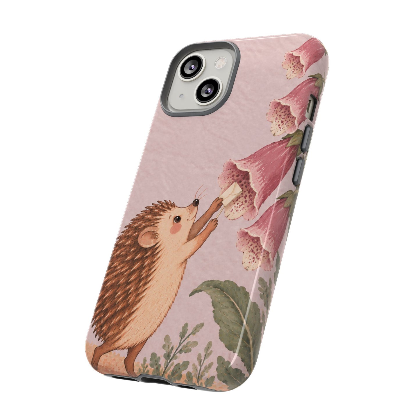 Whimsical Blush Pink Hedgehog and Foxglove Phone Case - Pink Phone Case