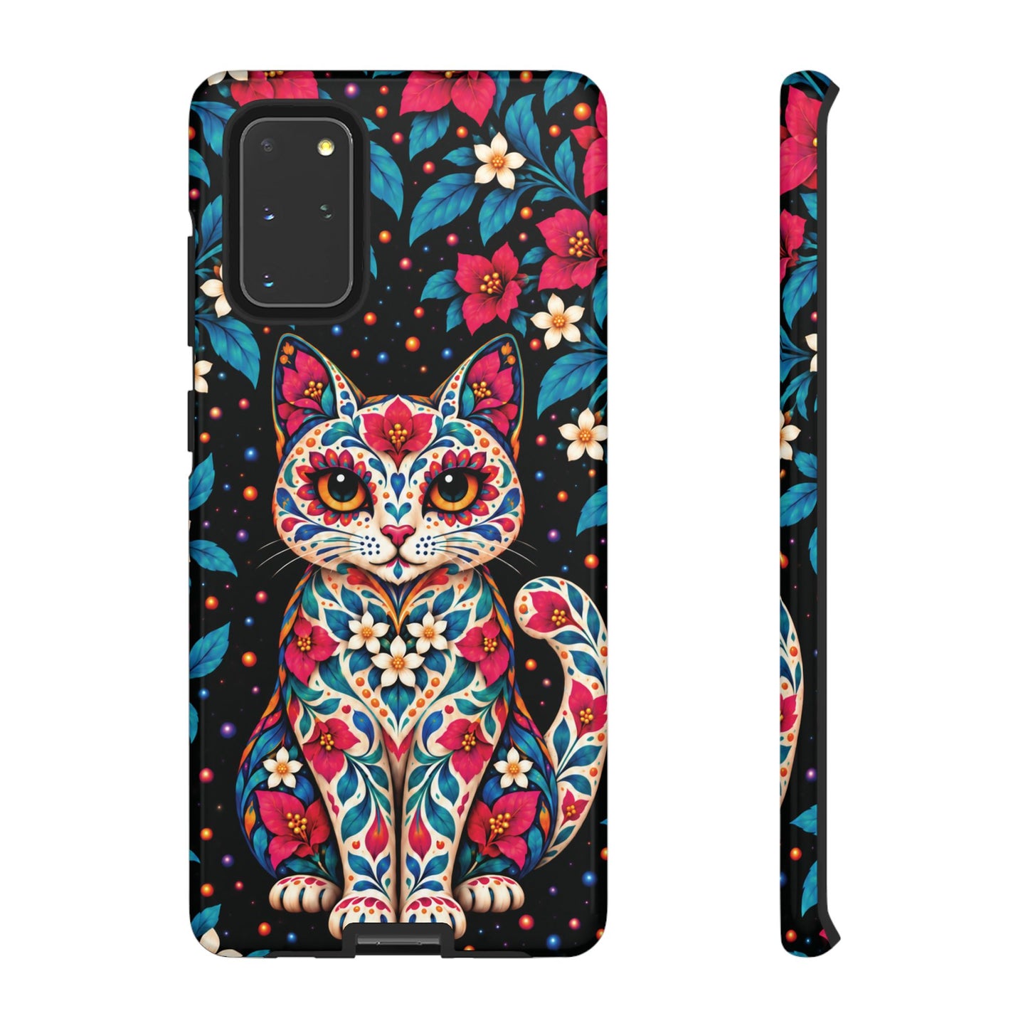 Vibrant Pink and Turquoise Calavera Cat Phone Case - Multicolor Phone Case - Samsung Galaxy S20+ / Glossy