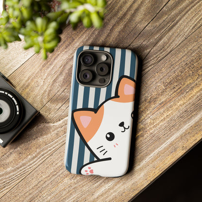 Playful Peakaboo Cat with Blue Stripe Pattern Phone Case - Blue Phone Case