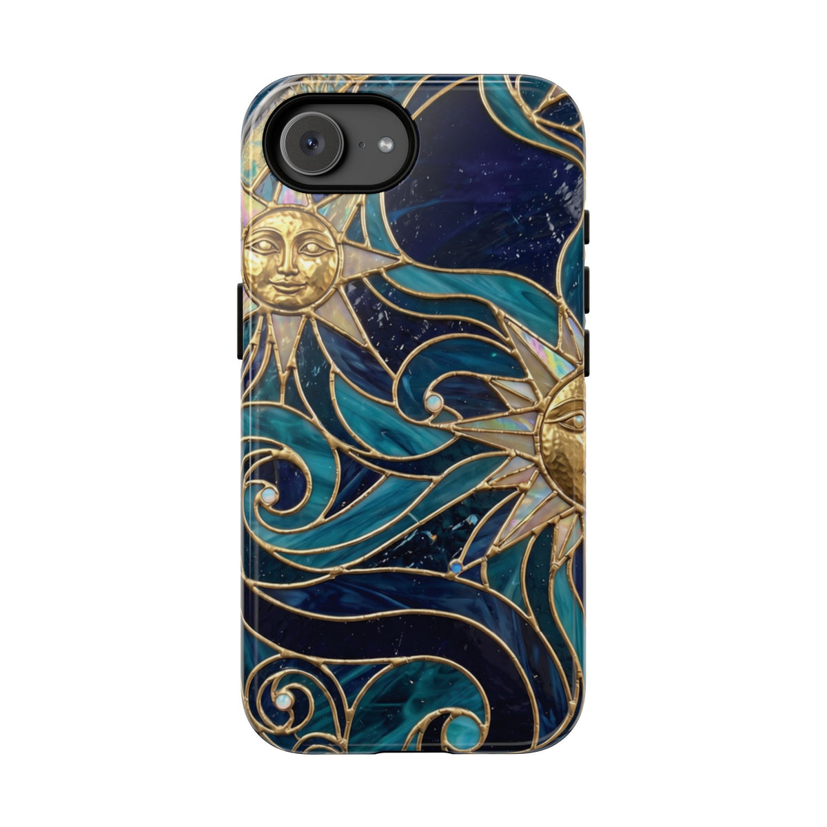 Elegant Teal & Gold Celestial Suns Phone Case - Blue Phone Case - iPhone 17e / Glossy