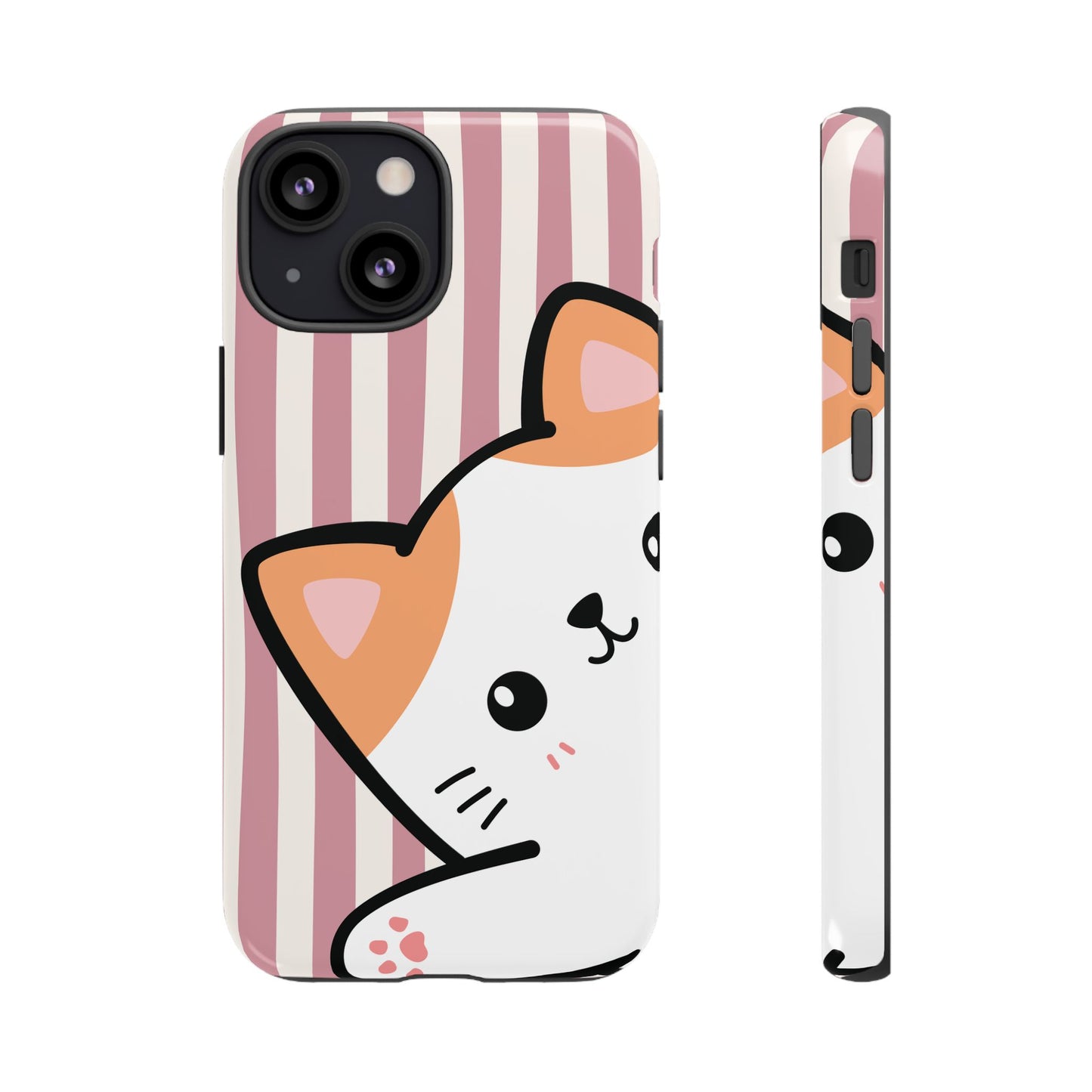 Playful Peakaboo Cat with Pink Stripe Pattern Phone Case - Pink Phone Case - iPhone 13 Mini / Glossy