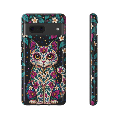 Vibrant Purple and Teal Calavera Cat Phone Case - Multicolor Phone Case - Google Pixel 7 / Glossy