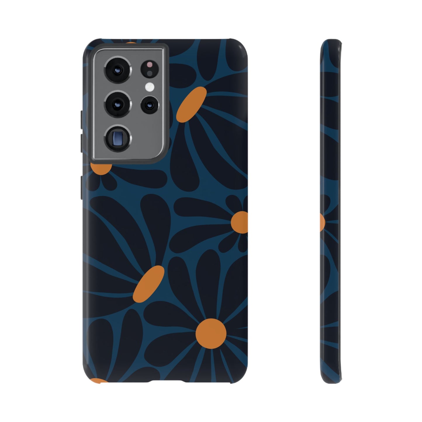 Samsung Galaxy S21 Ultra / Glossy Phone Case - ’Dark Blue & Orange Daisy Pattern’ Phone Case