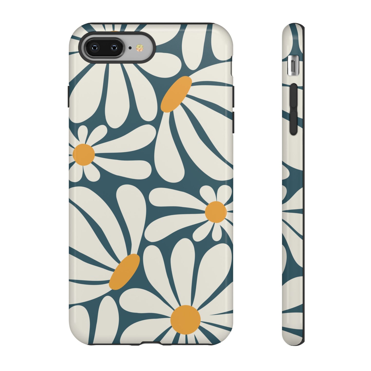 iPhone 8 Plus / Glossy Phone Case - Retro Blue Daisy Pattern Phone Case