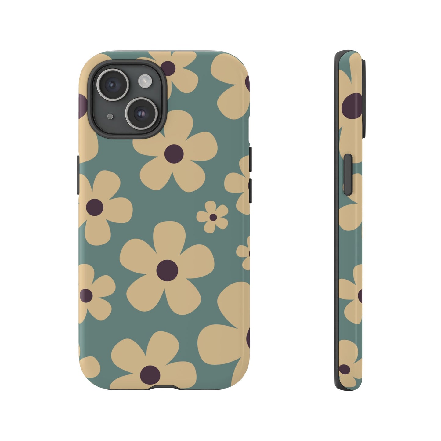 iPhone 15 / Glossy Phone Case - Cute Blue & Cream Daisy Pattern Phone Case