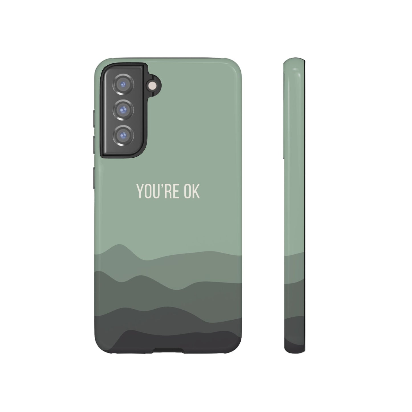 Samsung Galaxy S21 FE / Glossy Phone Case - Minimalist Green Waves ’You’re OK’ Statement Phone Case