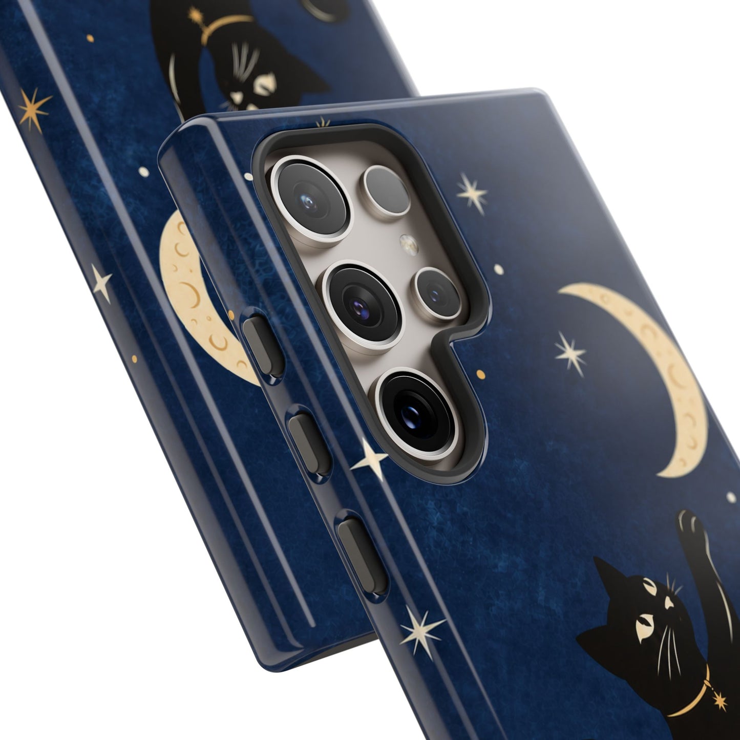 Whimsical Navy Blue Celestial Black Cat Phone Case