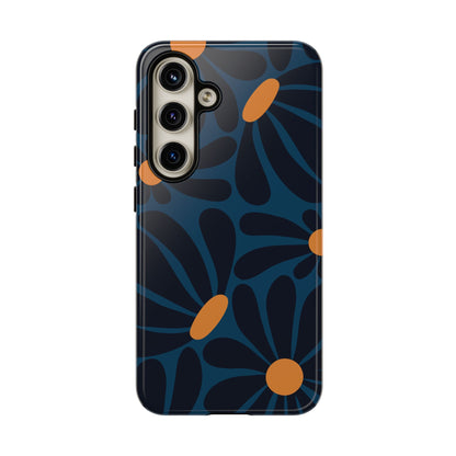 Samsung Galaxy S24 / Glossy Phone Case - ’Dark Blue & Orange Daisy Pattern’ Phone Case