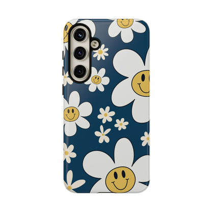 Fun Retro Daisy Pattern with Blue Background Phone Case - Blue Phone Case - Samsung Galaxy S24 Plus / Glossy