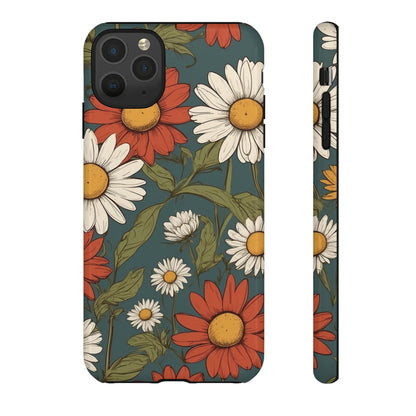 iPhone 11 Pro Max / Glossy Phone Case - Boho Chic Daisies Floral Pattern ’White & Red’ Phone Case