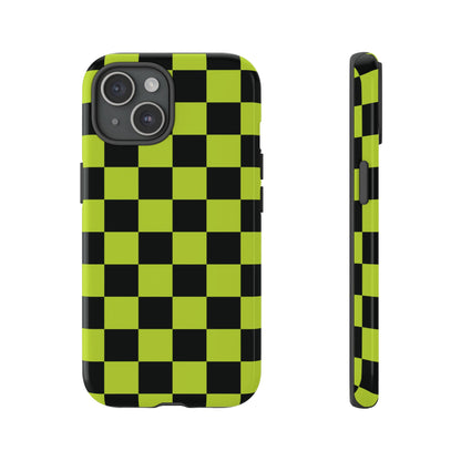 Trendy Neon Lime Green & Black Checked Pattern Phone Case - Green Phone Case - iPhone 15 / Glossy
