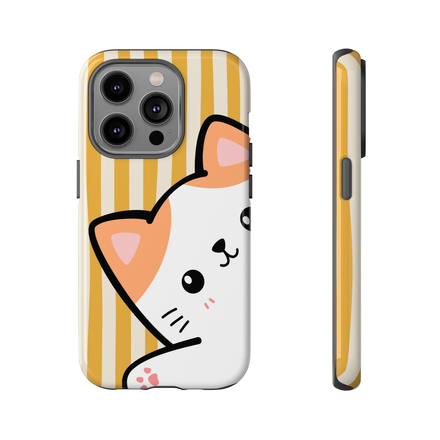 iPhone 14 Pro / Glossy Phone Case - Peakaboo Cat with Yellow Stripe Pattern Phone Case