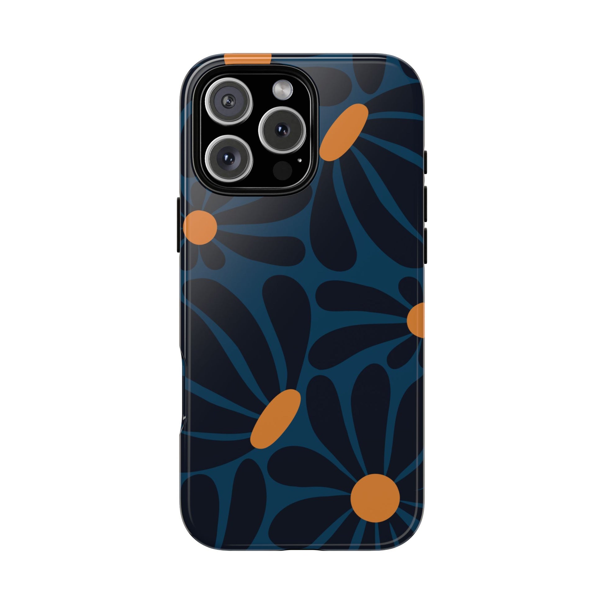 Dark Blue & Orange Daisy Pattern Phone Case - Blue Phone Case - iPhone 16 Pro Max / Glossy