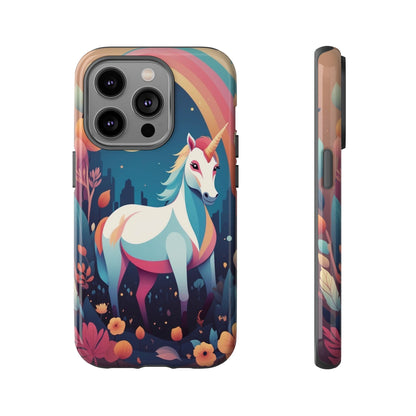 iPhone 14 Pro / Glossy Phone Case - Stylised Unicorn & Rainbow Design Phone Case