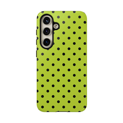 Samsung Galaxy S24 / Glossy Phone Case - Trendy Neon Lime Green & Black Dot Pattern Phone Case