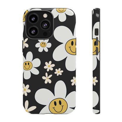 iPhone 13 Pro / Glossy Phone Case - Fun Retro Daisy Pattern with Dark Grey Background Phone Case