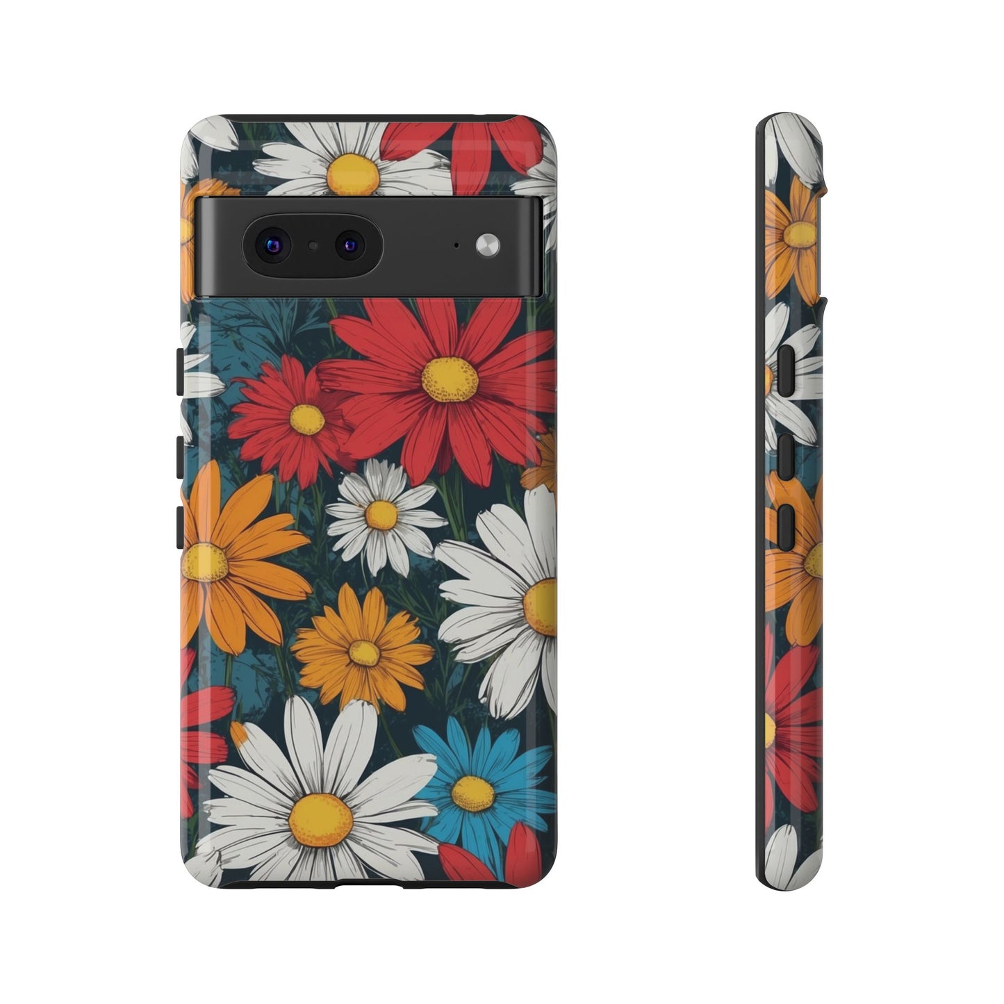 Google Pixel 7 / Glossy Phone Case - Pop Art Daisies Illustration ’Red & Orange’ Phone Case