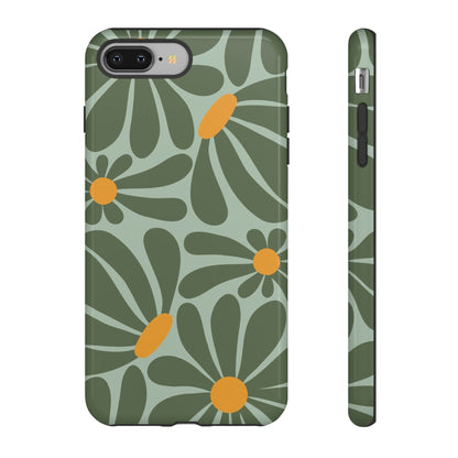 iPhone 8 Plus / Glossy Phone Case - Retro Green Daisy Pattern Phone Case