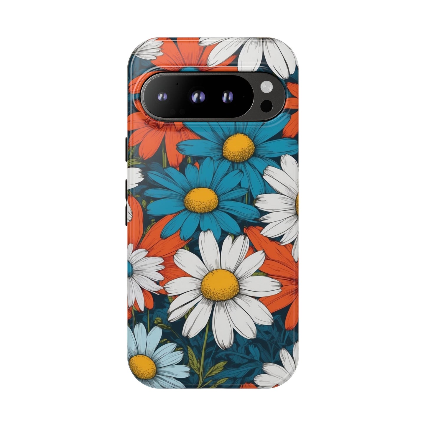 Google Pixel 9 Pro / Glossy Phone Case - Pop Art Daisies Illustration ’Red & Blue’ Phone Case