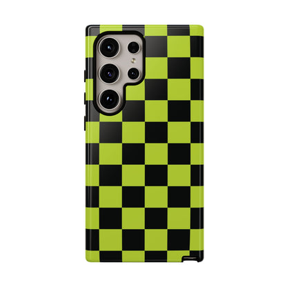 Trendy Neon Lime Green & Black Checked Pattern Phone Case - Green Phone Case - Samsung Galaxy S24 Ultra / Glossy