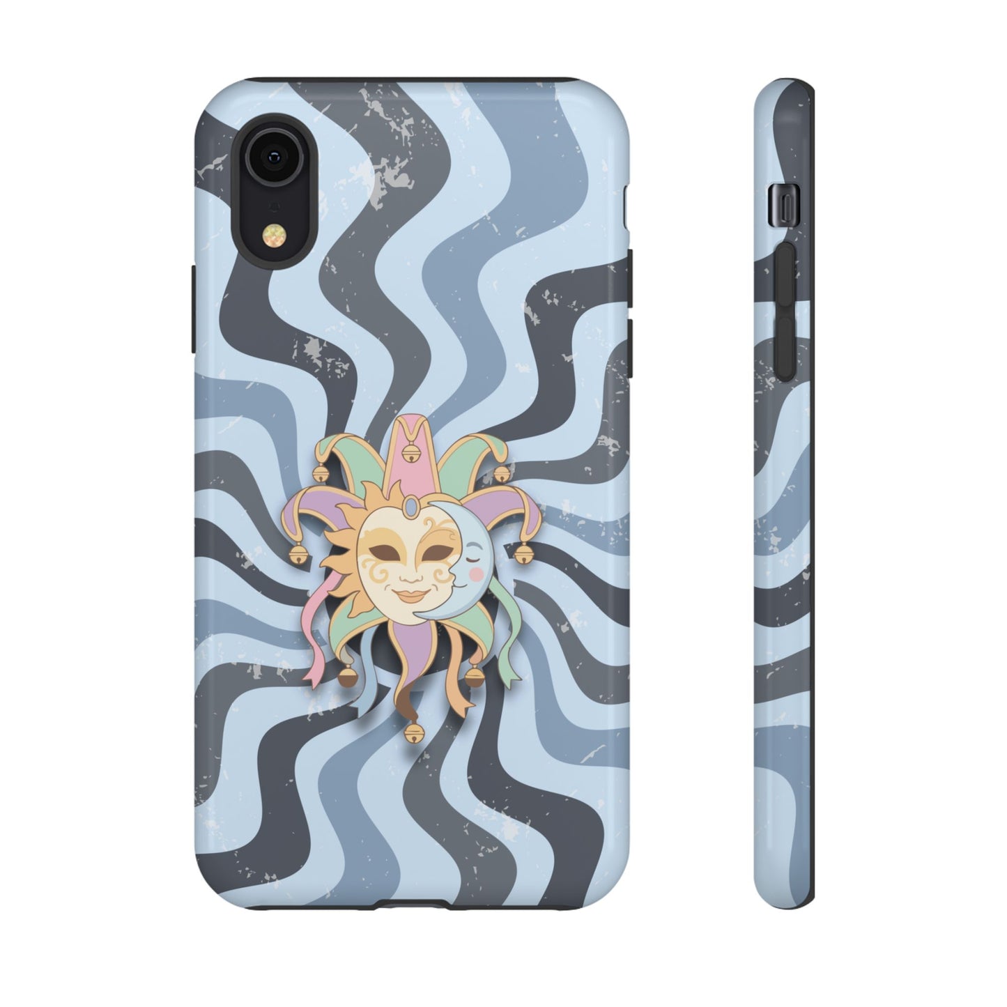 iPhone XR / Glossy Phone Case - Sun & Moon Jester Mask – Blue Retro Wave Phone Case