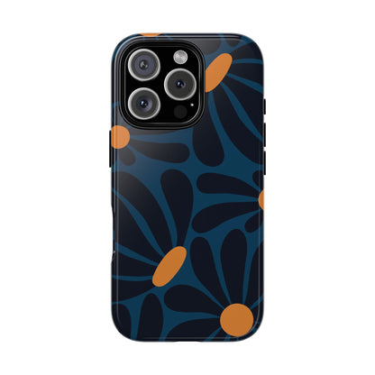 Dark Blue & Orange Daisy Pattern Phone Case - Blue Phone Case - iPhone 16 Pro / Glossy