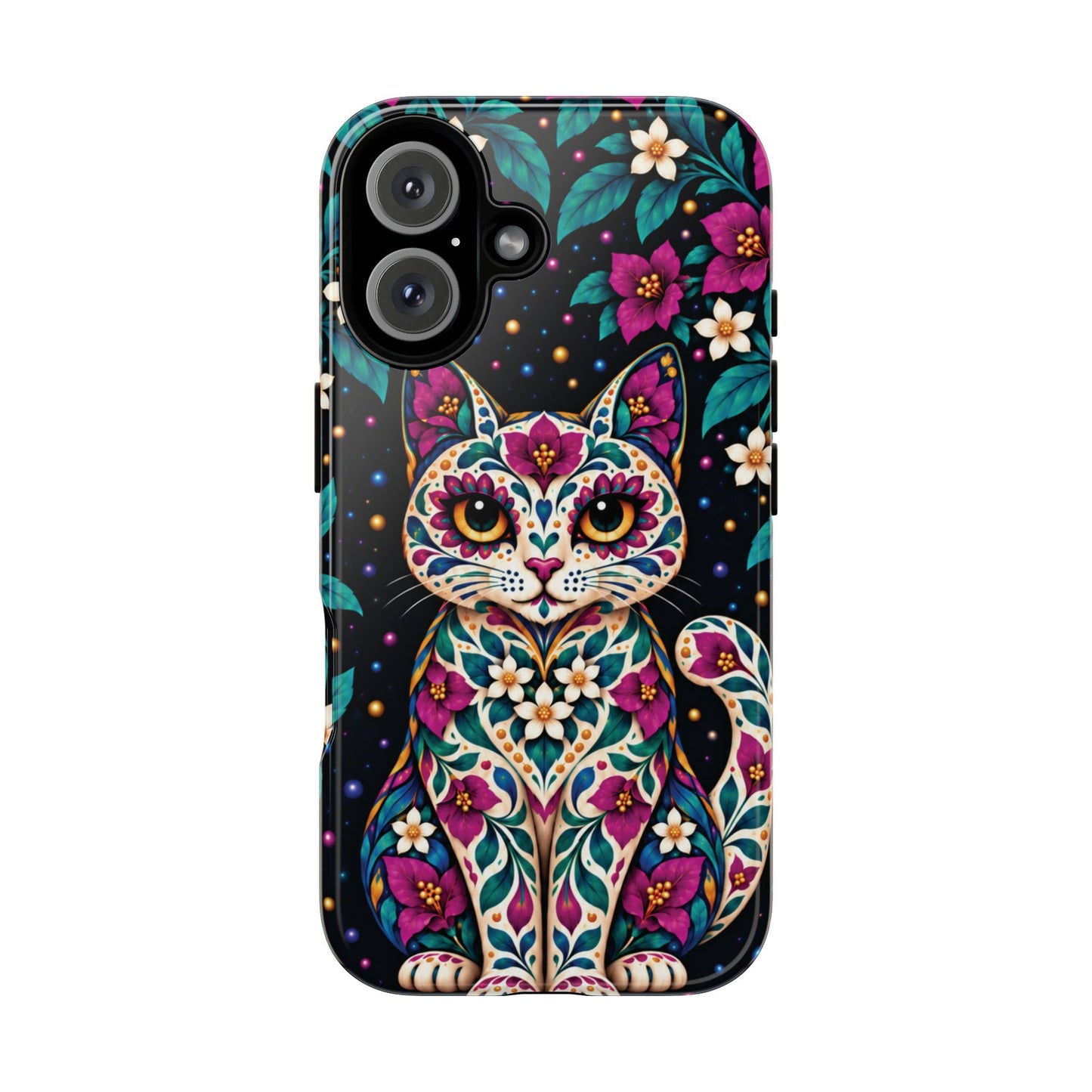 Vibrant Purple and Teal Calavera Cat Phone Case - Multicolor Phone Case - iPhone 16 / Glossy