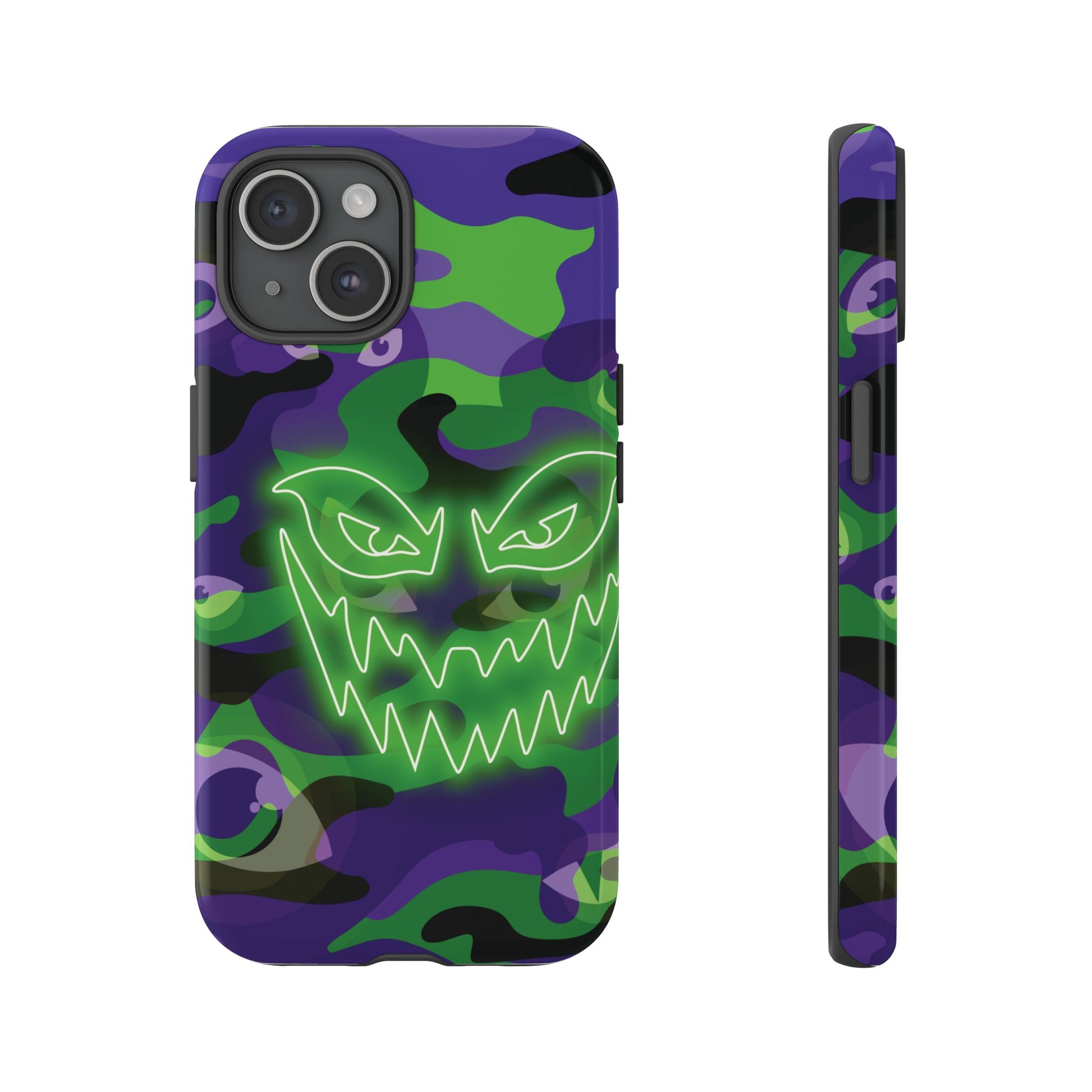 Green & Purple Neon Face Camo Phone Case - Green Phone Case - iPhone 15 / Glossy