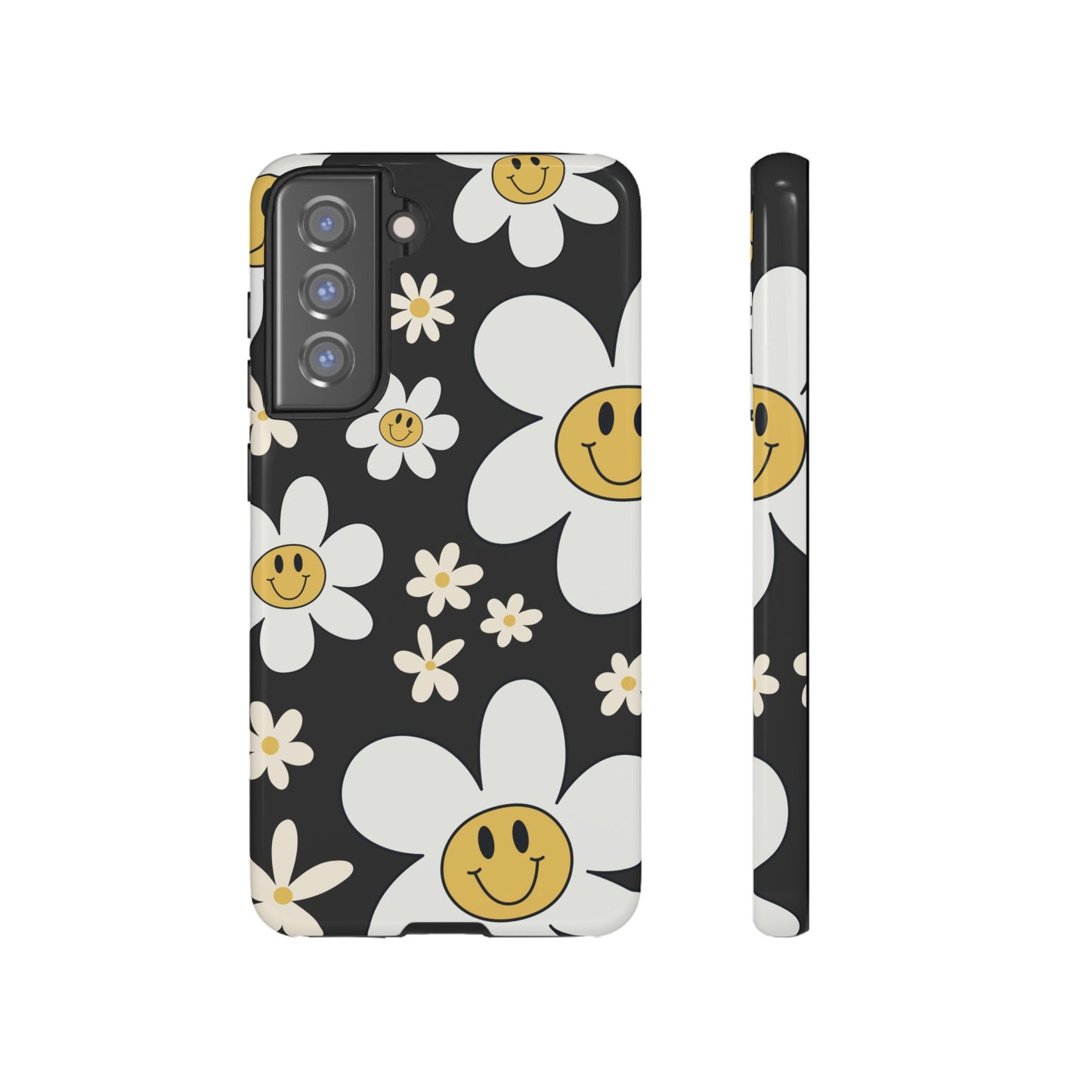 Samsung Galaxy S21 FE / Glossy Phone Case - Fun Retro Daisy Pattern with Dark Grey Background Phone Case
