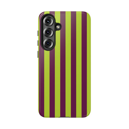 Samsung Galaxy S25 Plus / Glossy Phone Case - Trendy Neon Lime Green & Plum Stripe Pattern Phone Case