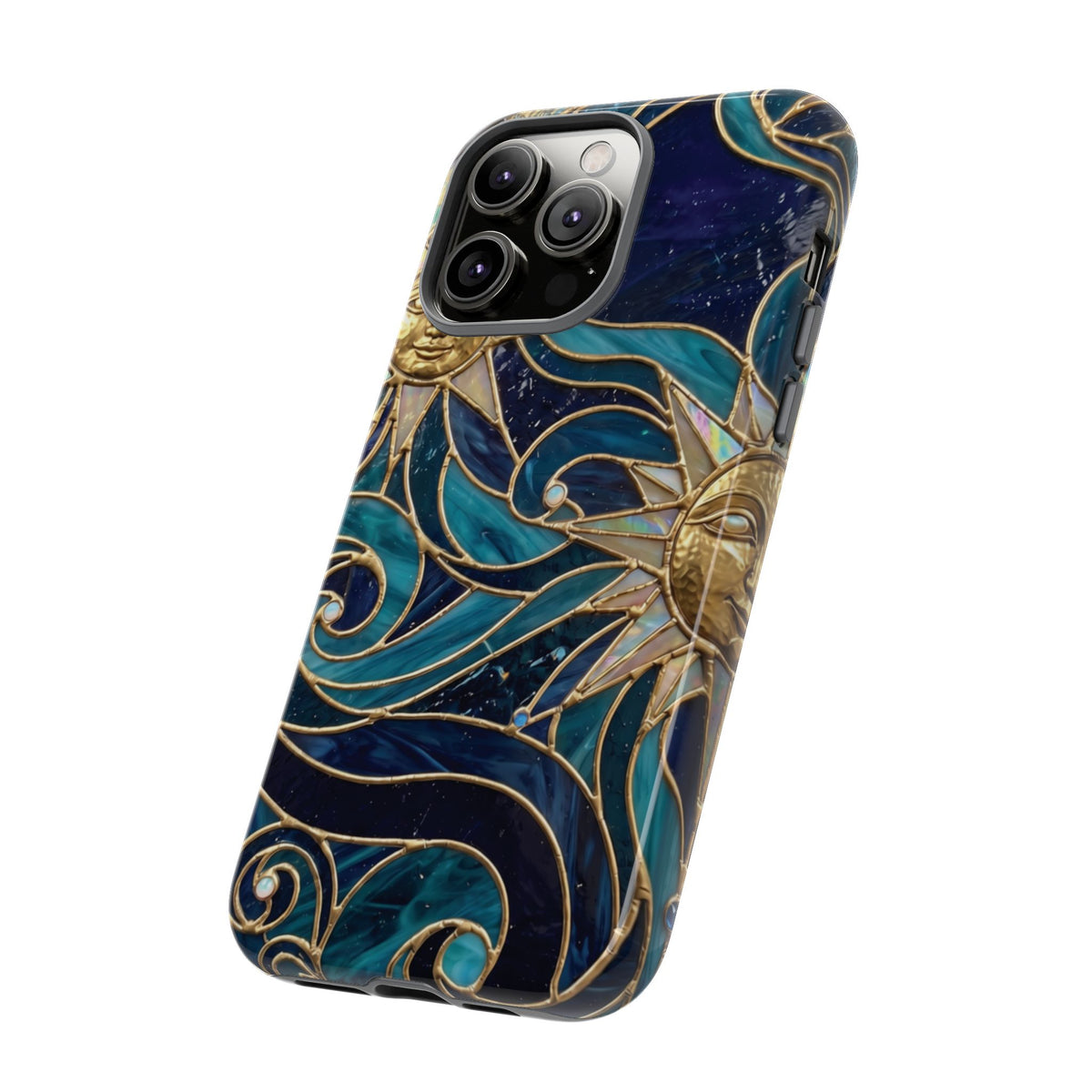Elegant Teal & Gold Celestial Suns Phone Case - Blue Phone Case