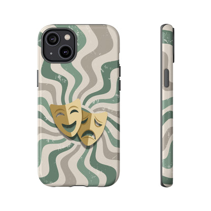 iPhone 14 Plus / Glossy Phone Case - Comedy & Tragedy Masks – Green Minimal Retro Wave Phone Case